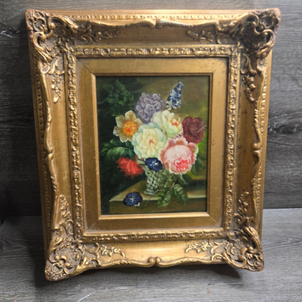 Vtg Floral Still Life Oil Painting Canvas Ornate Gold Gilt Frame Signed P. Noel